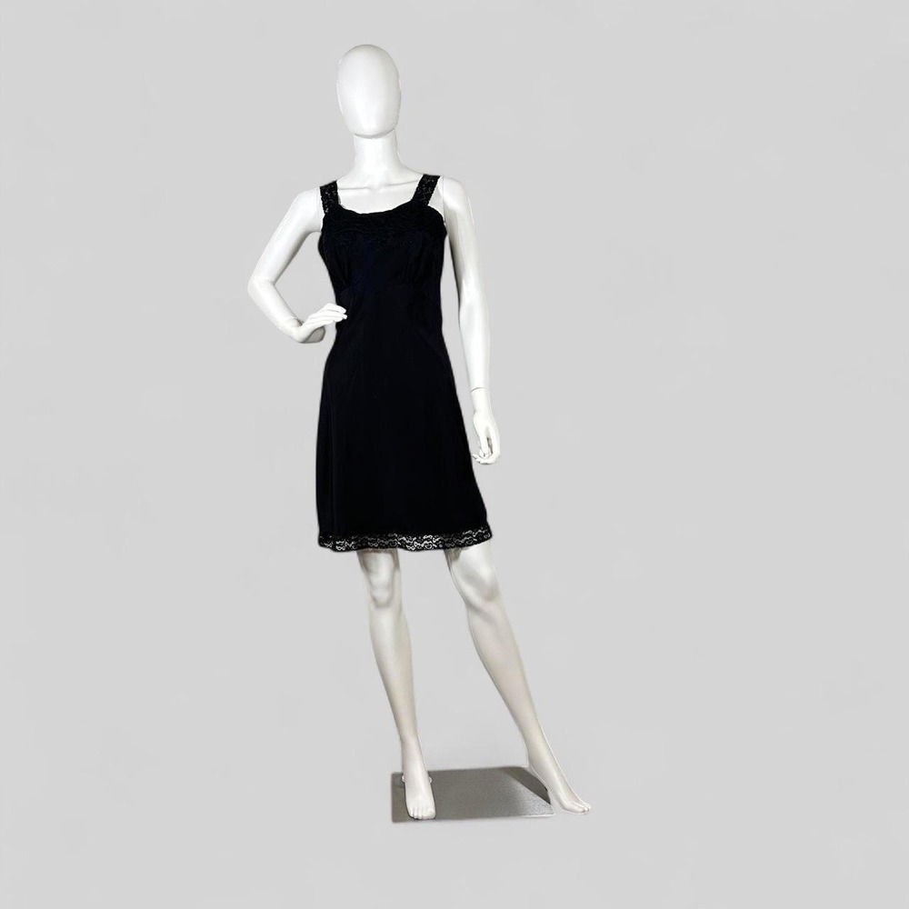 Vintage Black Magic Lace Trim Slip Dress‎ Nightgown Lingerie Union Made Est 70s